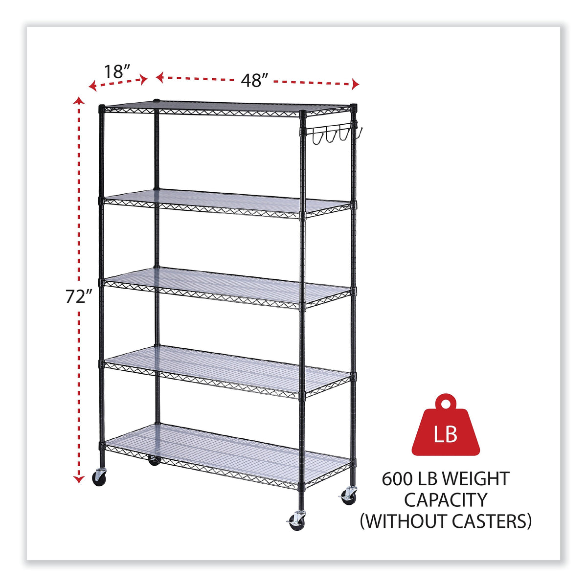 Alera® 5-Shelf Wire Shelving Kit with Casters and Shelf Liners, 48w x 18d x 72h, Black Anthracite