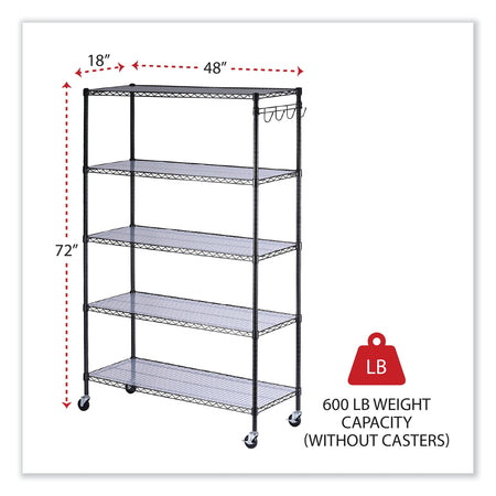 Alera® 5-Shelf Wire Shelving Kit with Casters and Shelf Liners, 48w x 18d x 72h, Black Anthracite