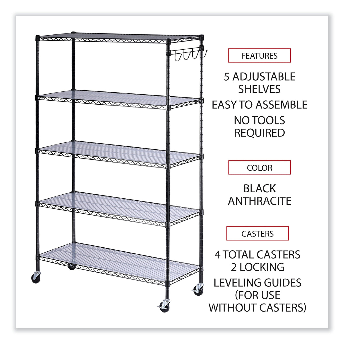 Alera® 5-Shelf Wire Shelving Kit with Casters and Shelf Liners, 48w x 18d x 72h, Black Anthracite