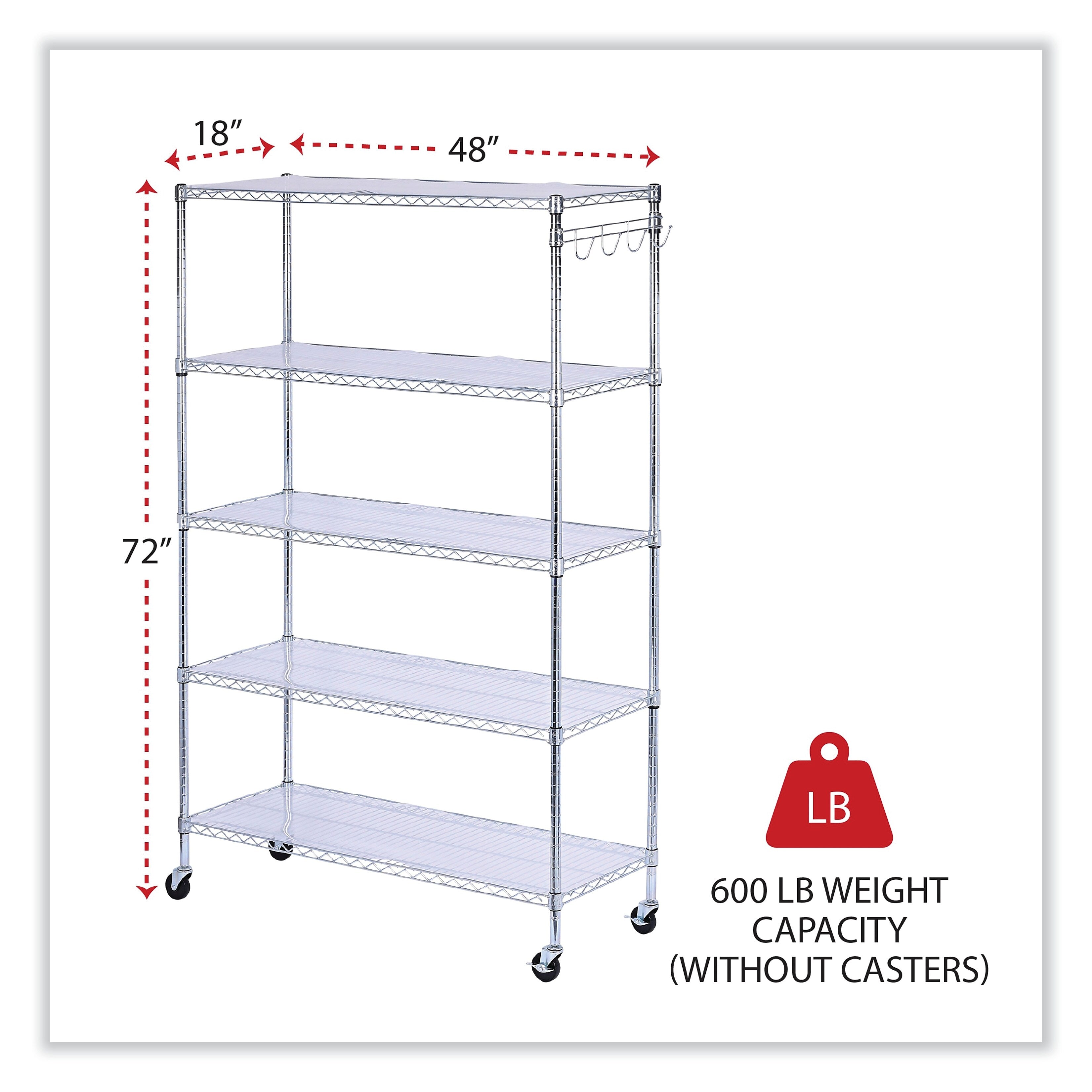 Alera® 5-Shelf Wire Shelving Kit with Casters and Shelf Liners, 48w x 18d x 72h, Silver