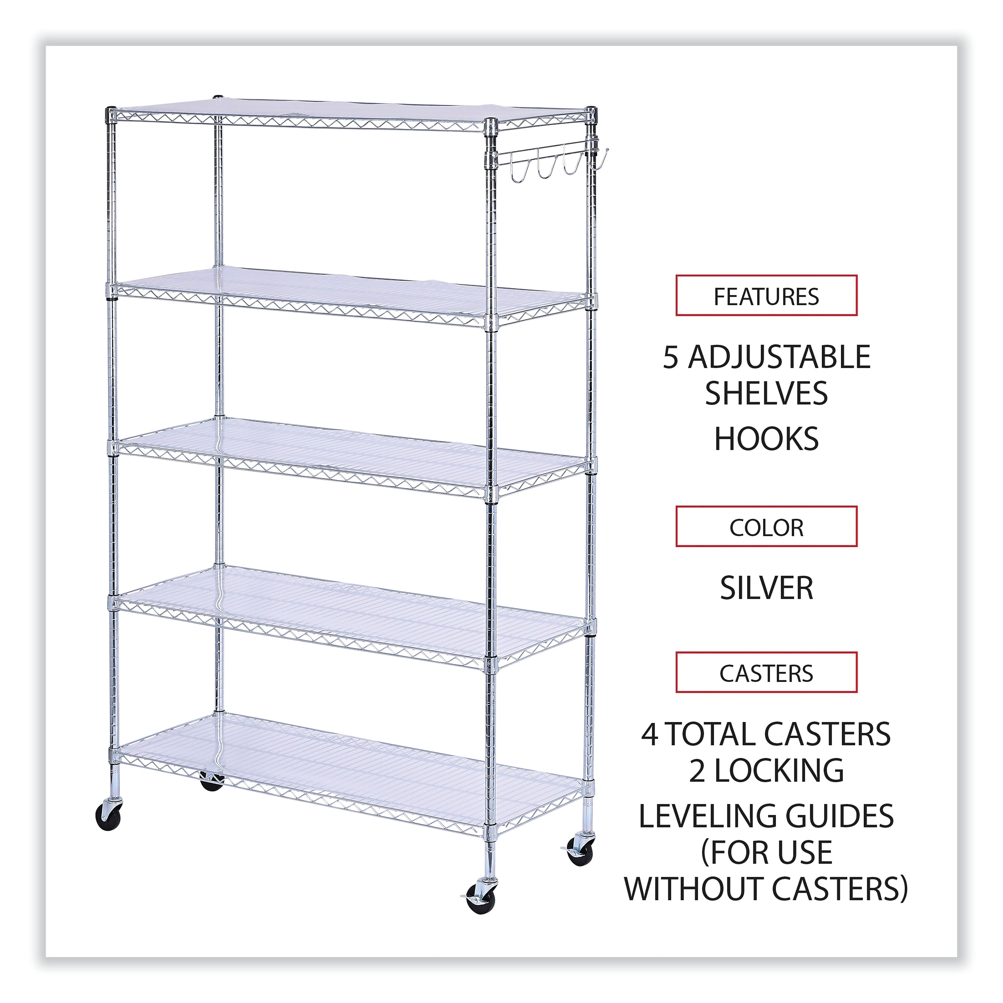 Alera® 5-Shelf Wire Shelving Kit with Casters and Shelf Liners, 48w x 18d x 72h, Silver