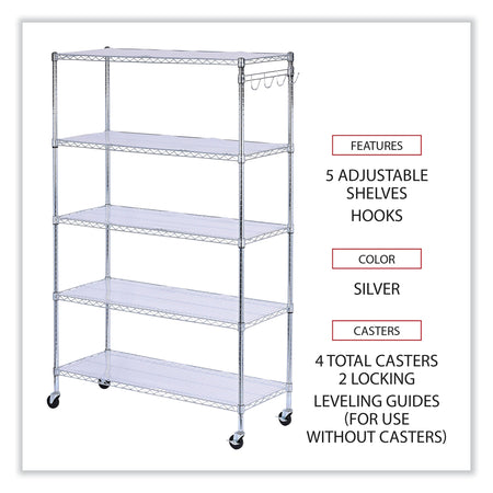 Alera® 5-Shelf Wire Shelving Kit with Casters and Shelf Liners, 48w x 18d x 72h, Silver