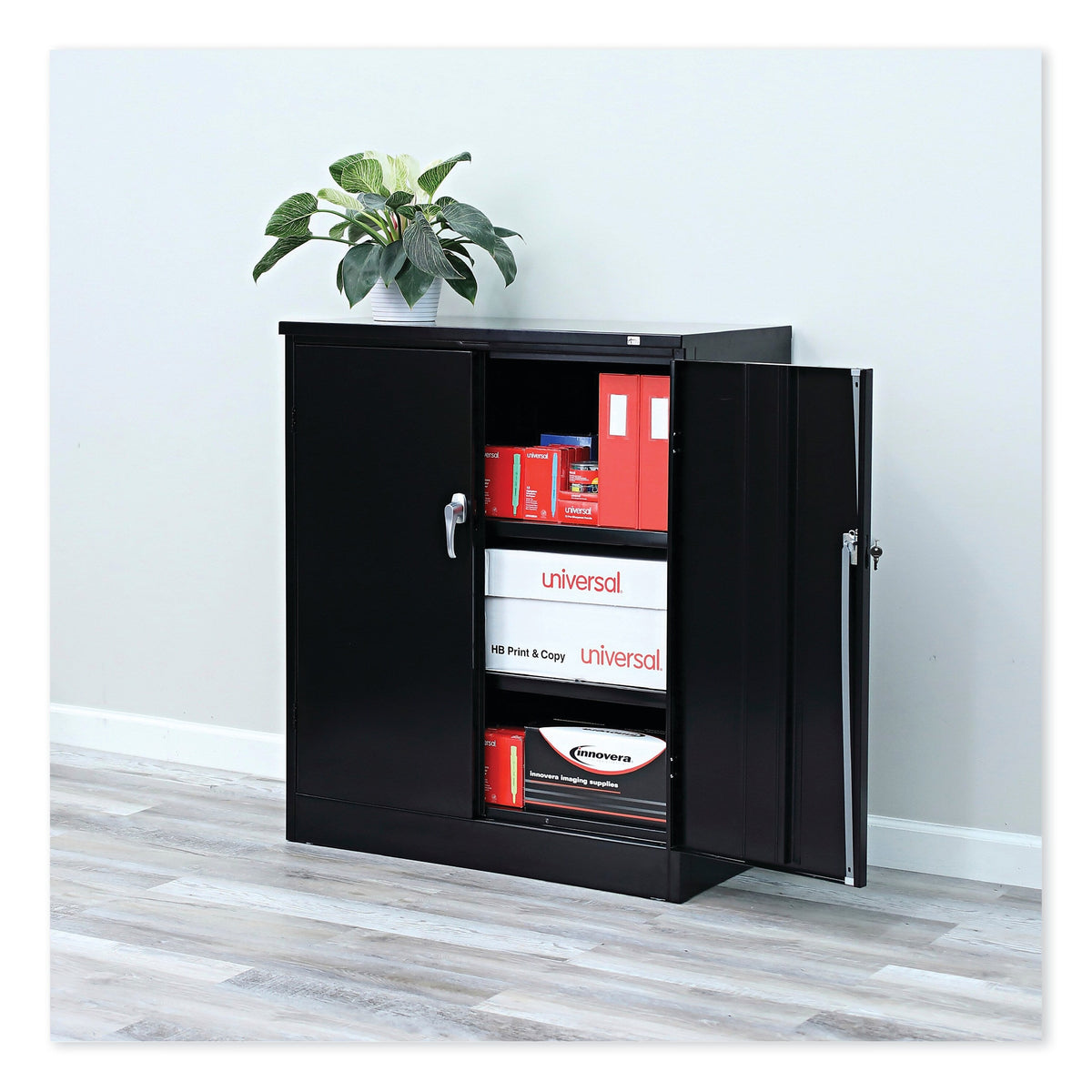 Alera Assembled Welded Storage Cabinet, 2-Shelf, Black, 42"H x 36"W x 18"D