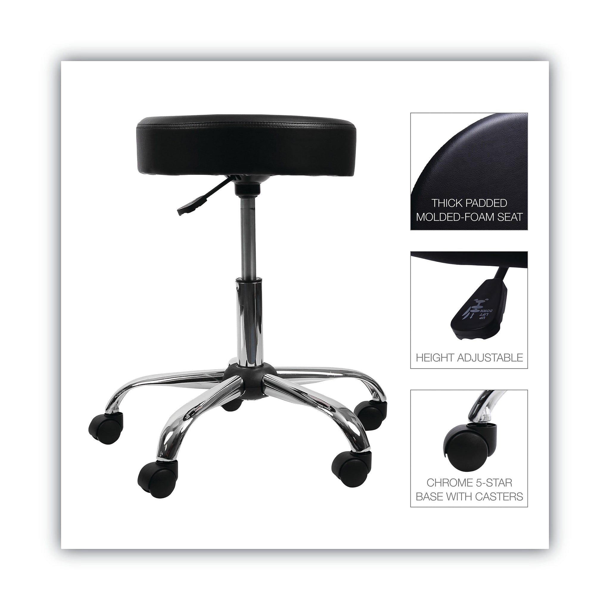 Alera Height Adjustable Lab Stool, Backless, Up to 275 lb, Black Seat, Chrome Base