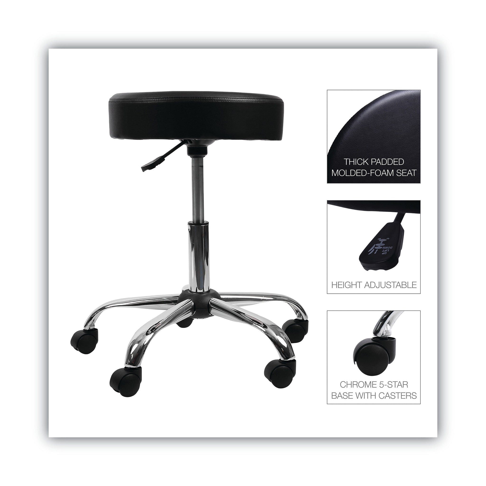 Alera Height Adjustable Lab Stool, Backless, Up to 275 lb, Black Seat, Chrome Base