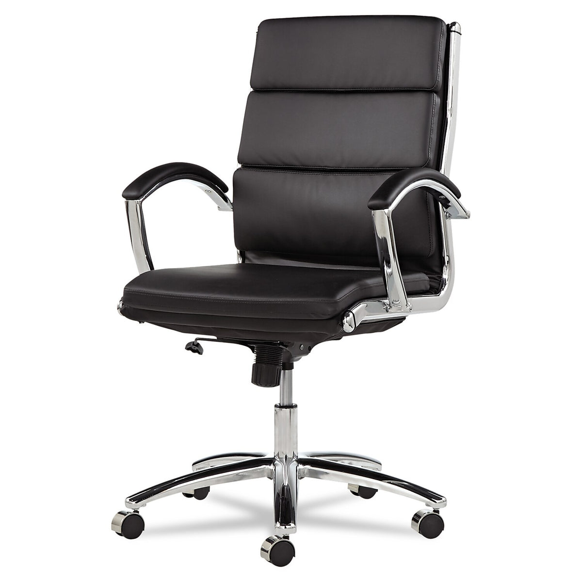 Alera Neratoli Mid-Back Swivel/Tilt Chair, Black Soft-Touch Leather, Chrome Frame