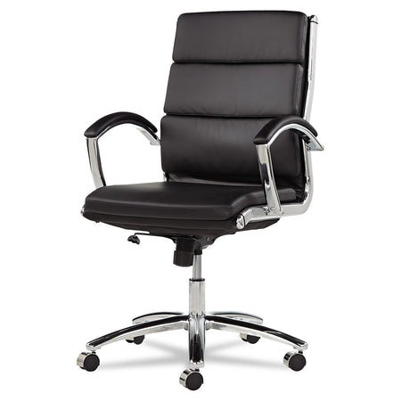 Alera Neratoli Mid-Back Swivel/Tilt Chair, Black Soft-Touch Leather, Chrome Frame