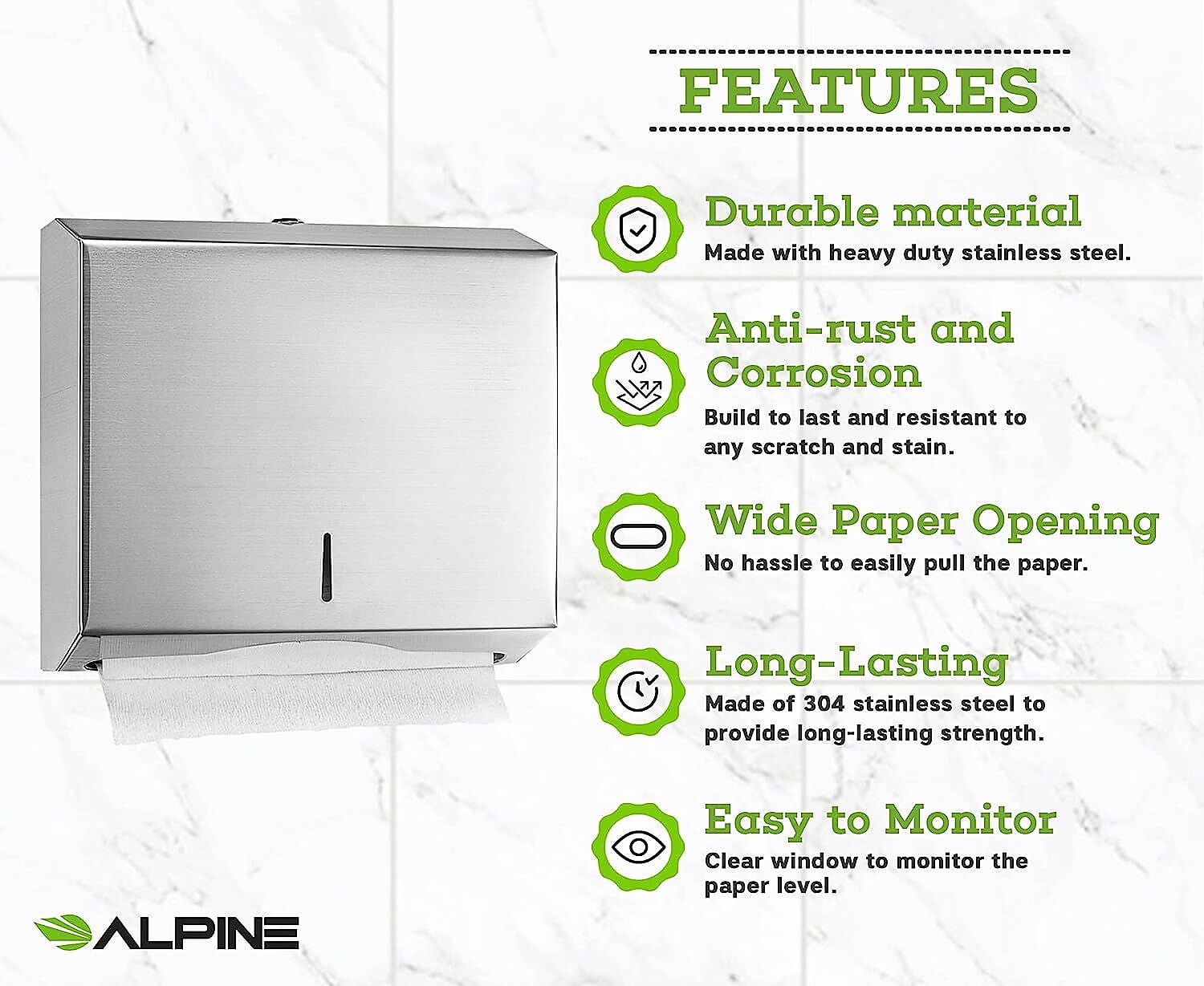 Alpine Industries Centerpull Paper Towel Dispenser, Stainless Steel, 2/Pack