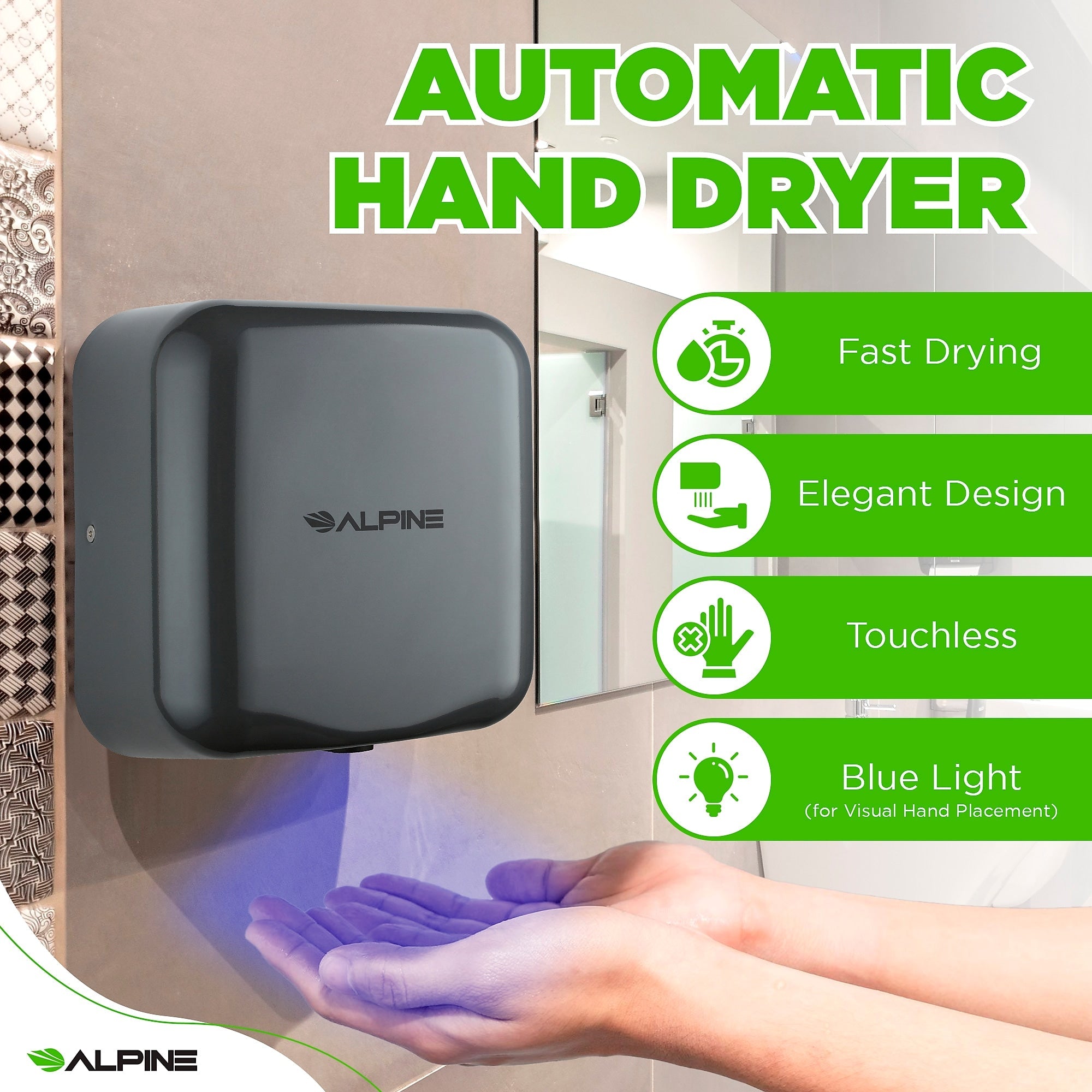 Alpine Industries Hemlock 110/120V Automatic Hand Dryer, Gray