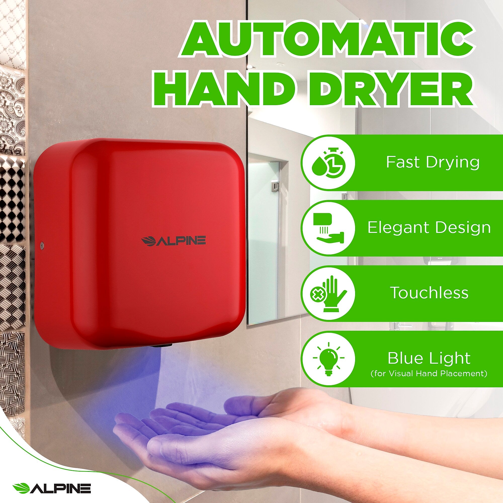 Alpine Industries Hemlock 110/120V Automatic Hand Dryer, Red