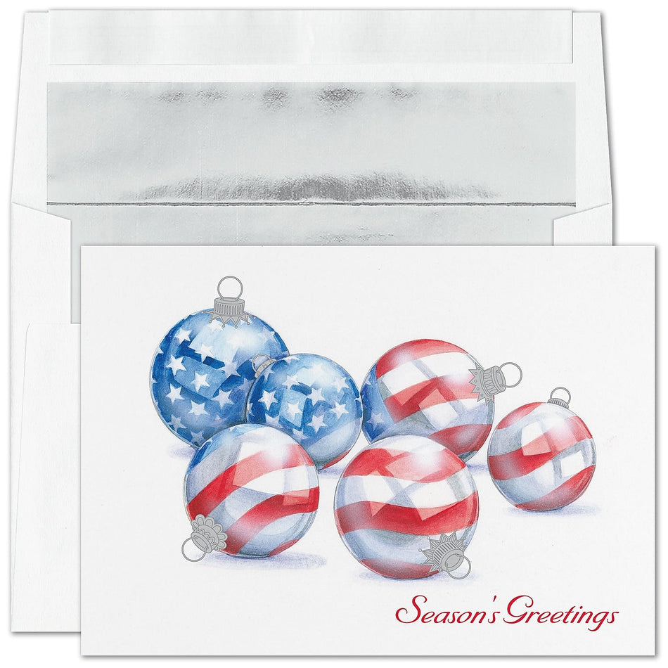 "American Flag Ornaments" Holiday Card w/ Silver Lined White Envelope, 100/BX