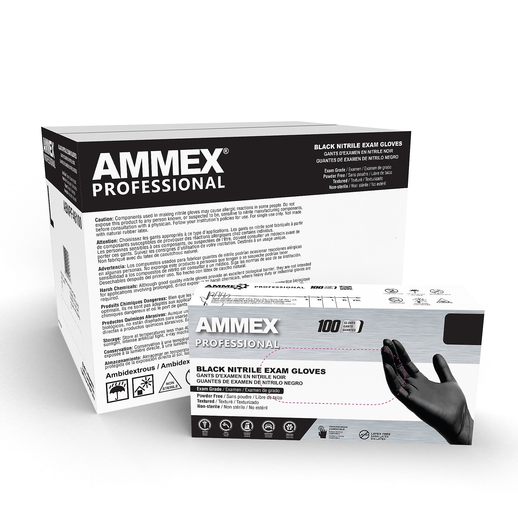 Ammex Professional Series Powder Free Nitrile Exam Gloves, Latex-Free, Large, Black, 100/Box, 10/Carton