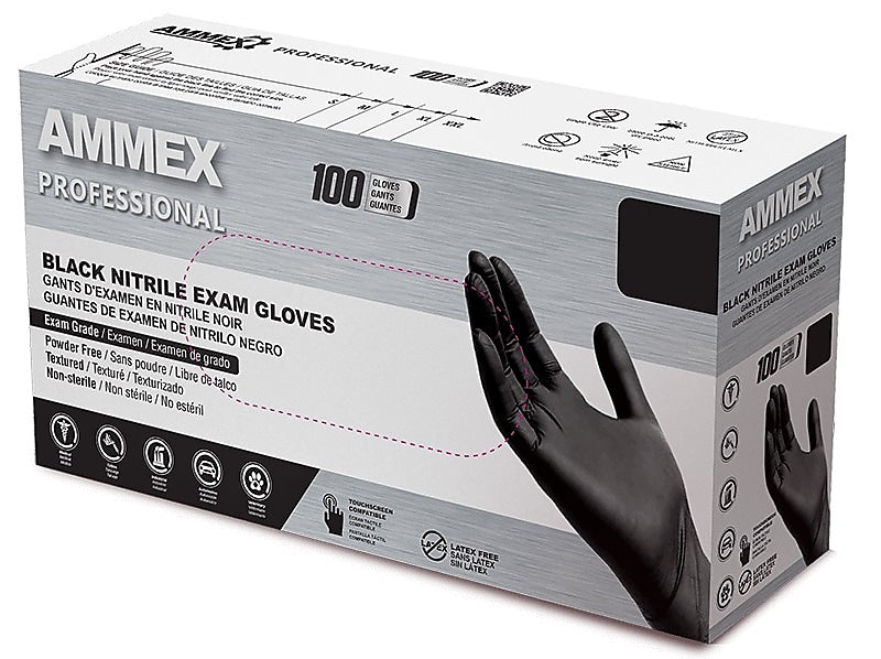 Ammex Professional Series Powder Free Nitrile Exam Gloves, Latex-Free, Large, Black, 100/Box, 10/Carton