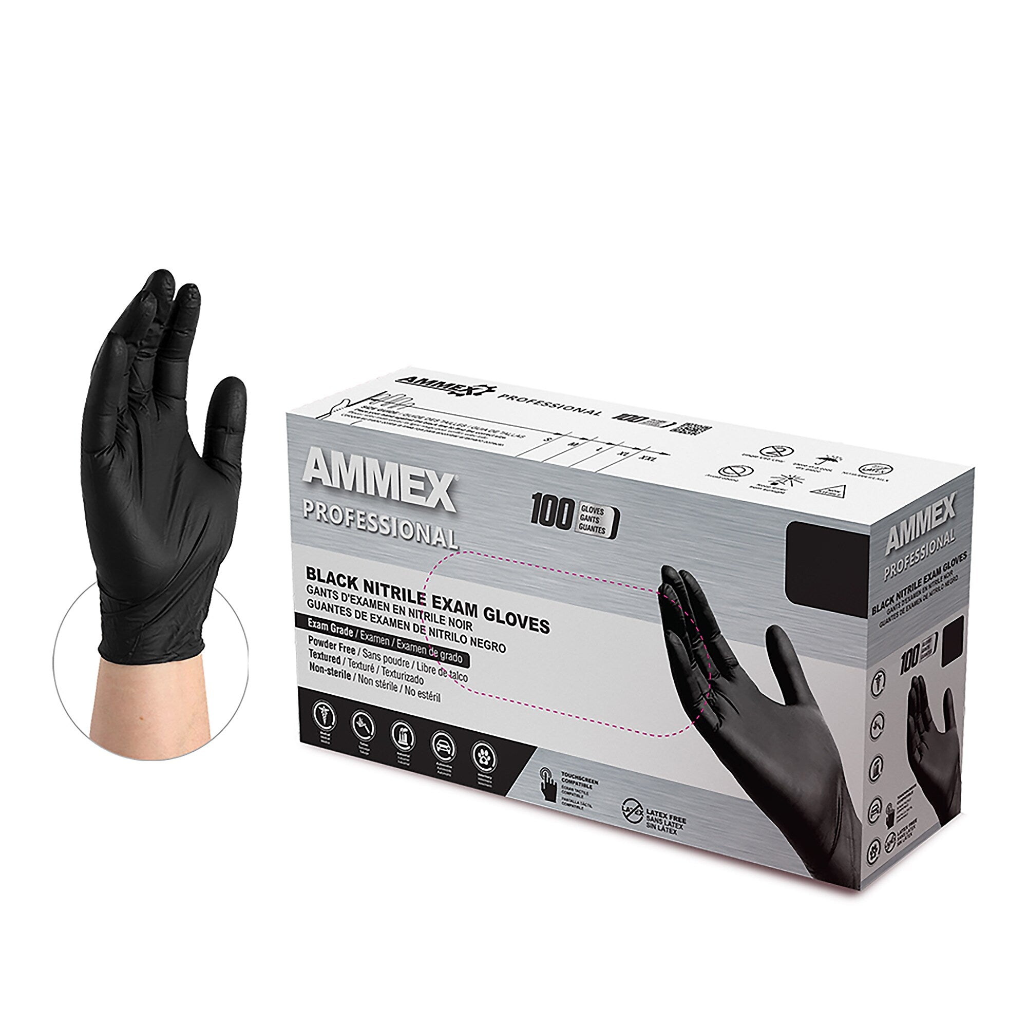 Ammex Professional Series Powder Free Nitrile Exam Gloves, Latex Free, Large, Black, 100/Box