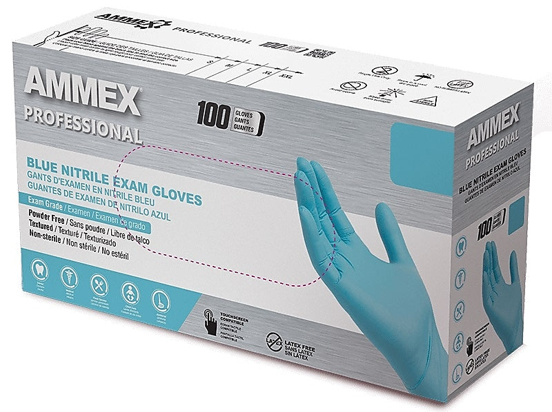 Ammex Professional Series Powder Free Nitrile Exam Gloves, Latex Free, Large, Blue, 100/Box