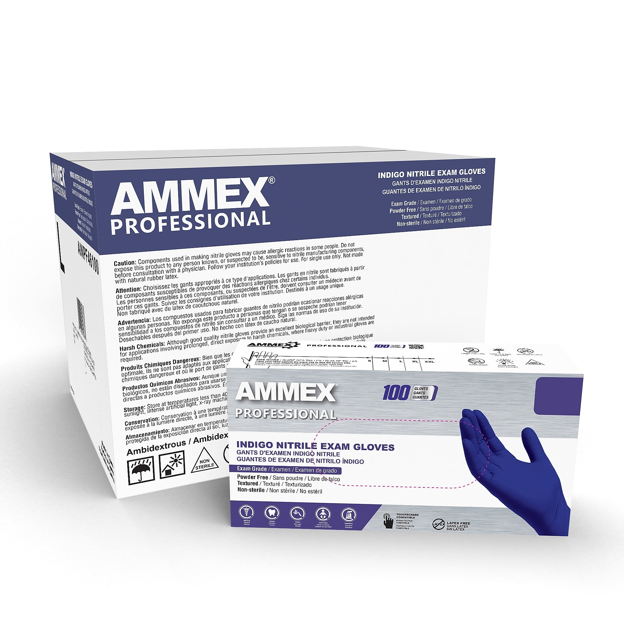 Ammex Professional Series Powder Free Nitrile Exam Gloves, Latex-Free, Large, Indigo, 100/Box, 10/Carton