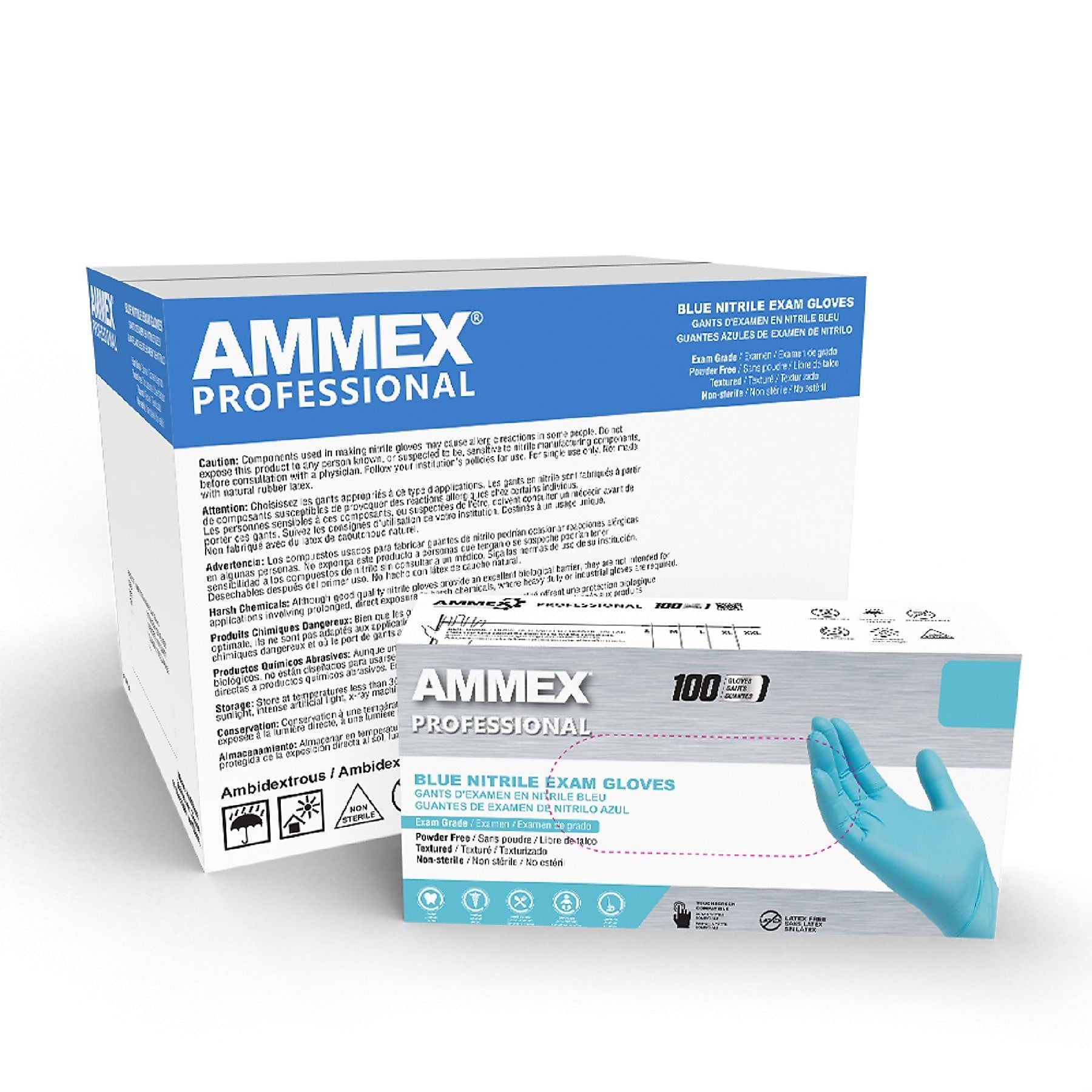 Ammex Professional Series Powder Free Nitrile Exam Gloves, Latex Free, Medium, Blue, 100/Box, 10/Carton