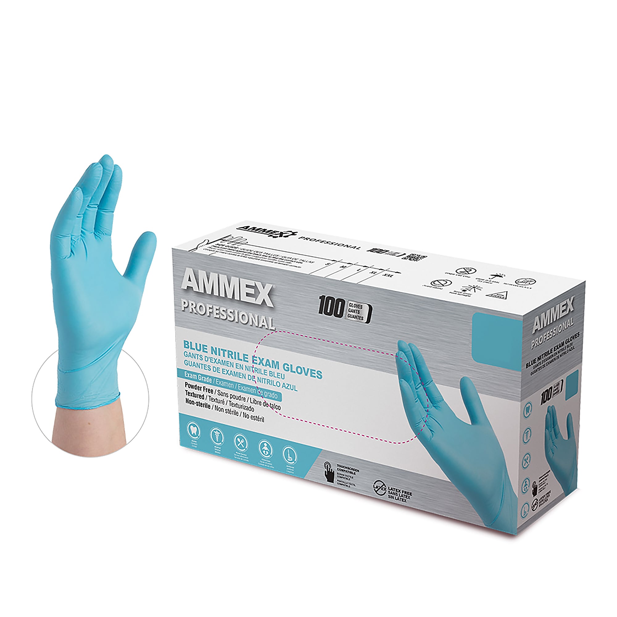 Ammex Professional Series Powder Free Nitrile Exam Gloves, Latex Free, Medium, Blue, 100/Box, 10/Carton