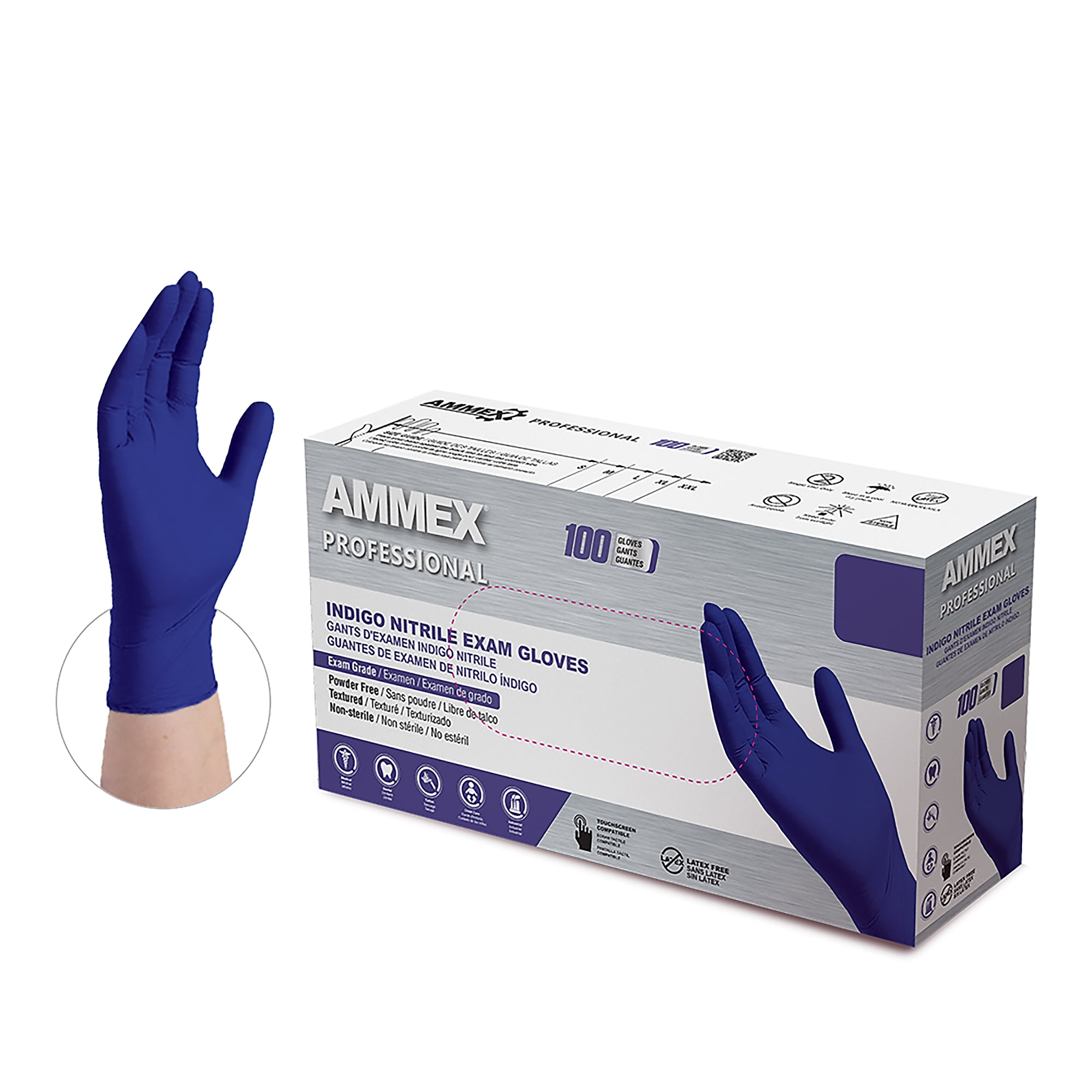 Ammex Professional Series Powder Free Nitrile Exam Gloves, Latex Free, Medium, Indigo, 100/Box