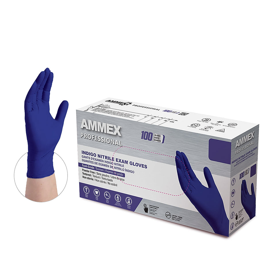 Ammex Professional Series Powder Free Nitrile Exam Gloves, Latex Free, XL, Indigo, 100/Box