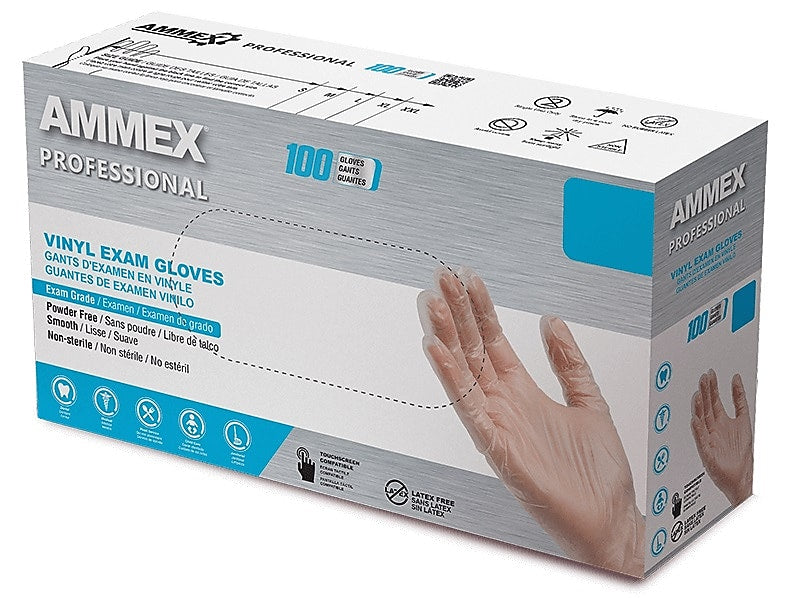 Ammex Professional VPF Powder Free Vinyl Exam Gloves, Latex-Free, Clear, Large, 100/Box