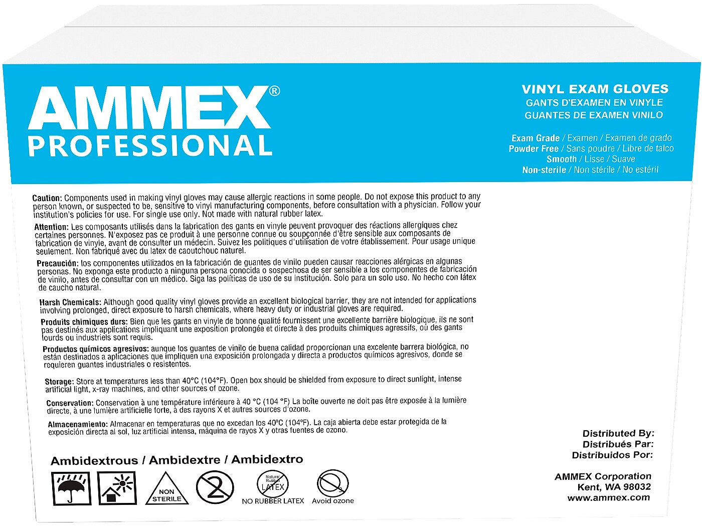 Ammex Professional VPF Powder Free Vinyl Exam Gloves, Latex-Free, Clear, Large, 100/Box