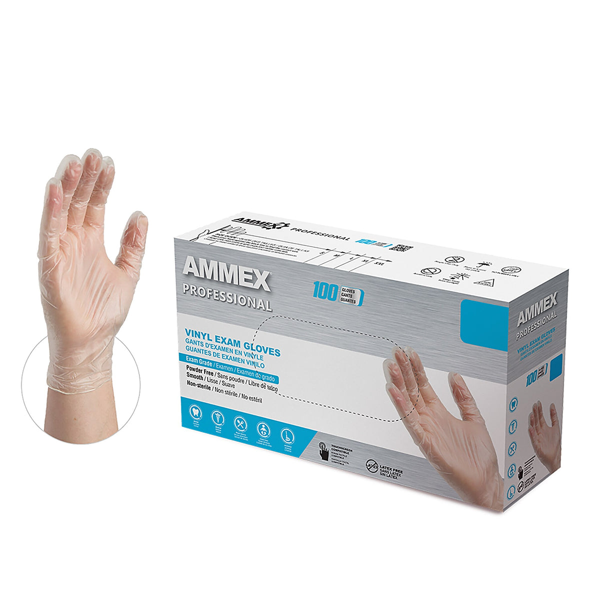 Ammex Professional VPF Powder Free Vinyl Exam Gloves, Latex-Free, Clear, Large, 100/Box