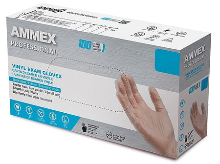 Ammex Professional VPF Powder Free Vinyl Exam Gloves, Latex-Free, Clear, Small, 100/Box