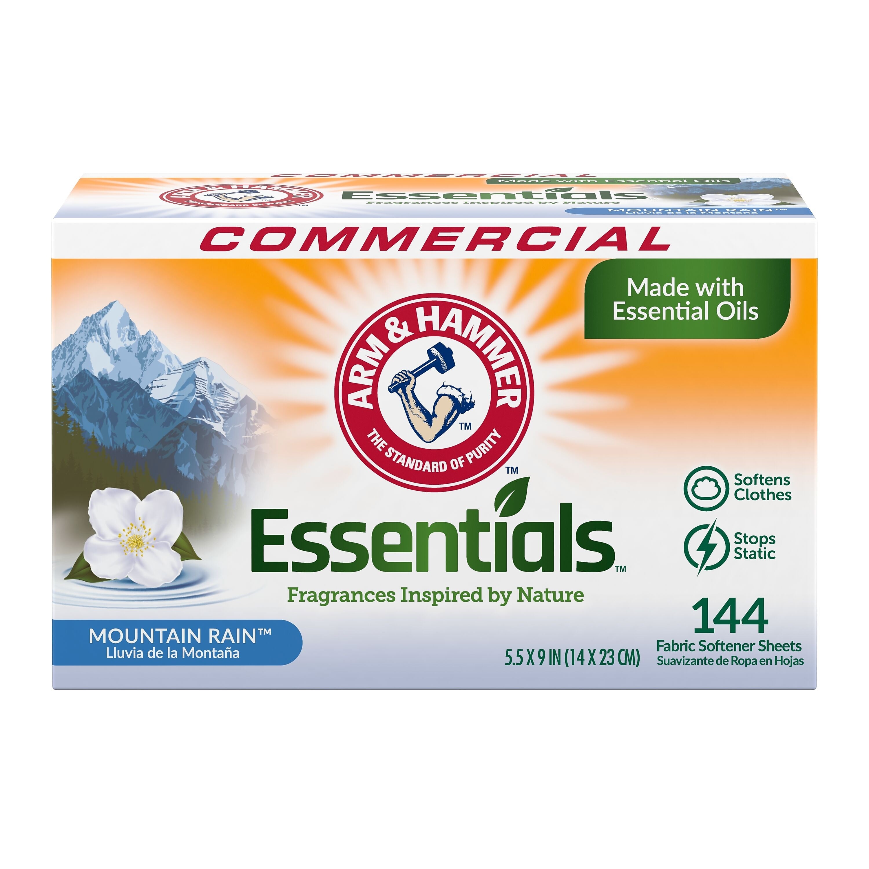 Arm & Hammer Essentials Softener Sheets, Mountain Rain, 144 Sheets/Pack, 6 Packs/Carton