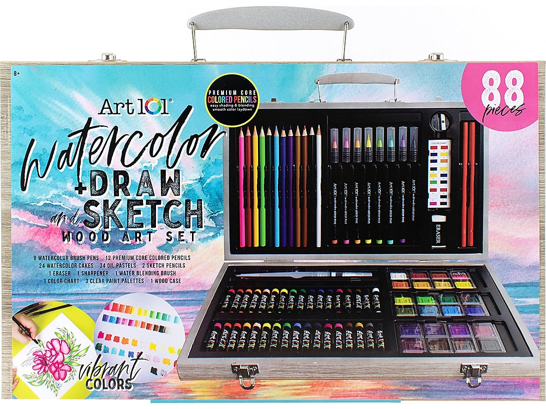 Art 101 Watercolor Draw and Sketch Drawing Kit, Assorted Colors, 88 Pieces