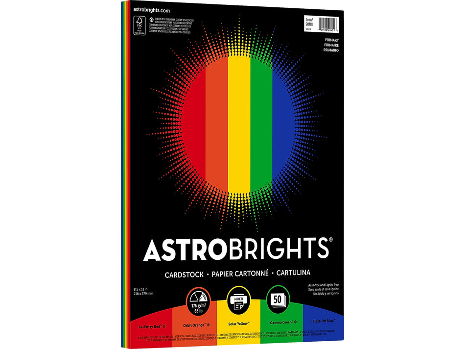 Astrobrights Primary One 65 lb. Cardstock Paper, 8.5" x 11", Assorted Colors, 50 Sheets/Pack
