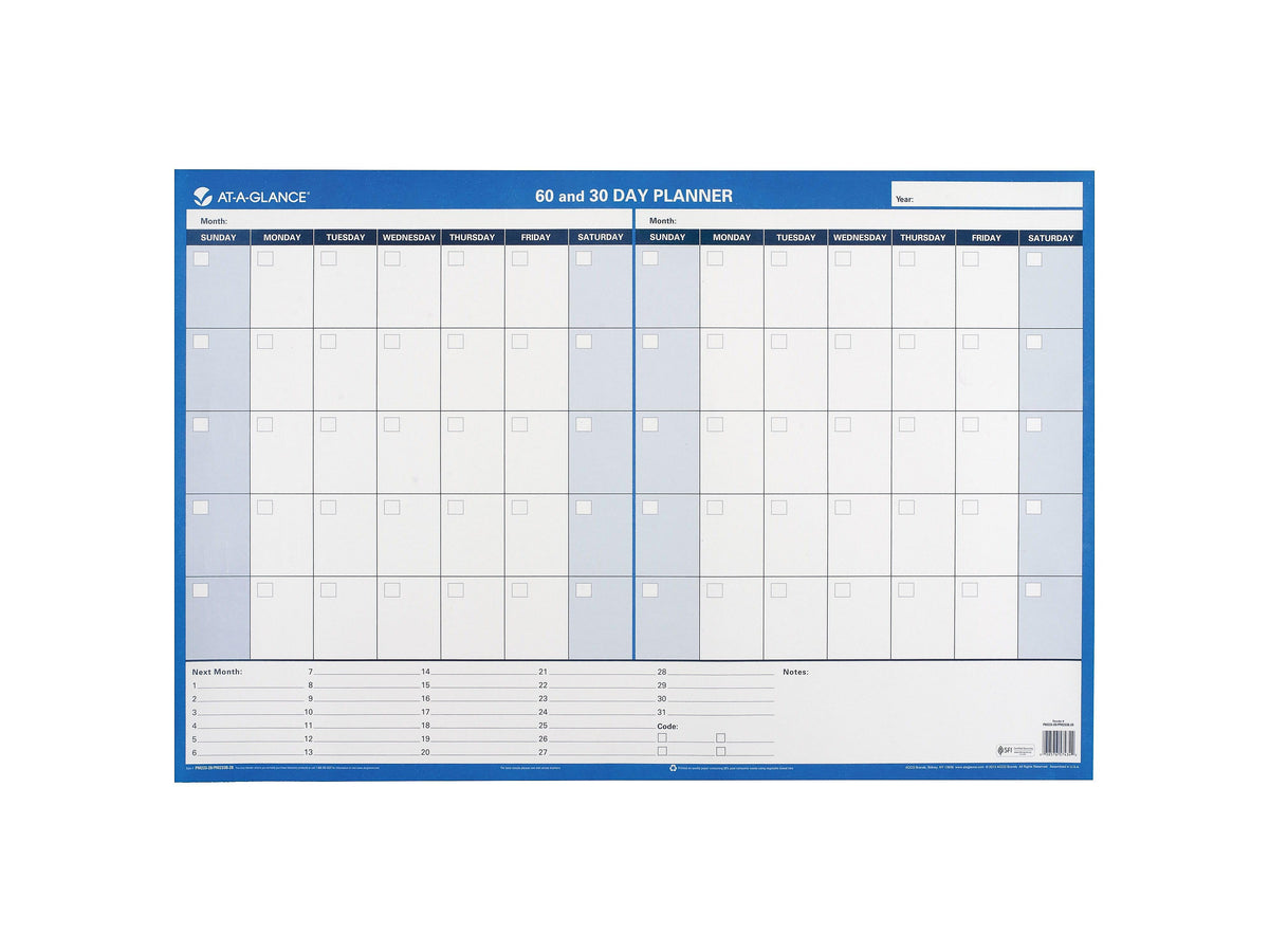 AT-A-GLANCE 30-60 Day 24"H x 36"W Dry Erase Monthly Wall Calendar, Blue