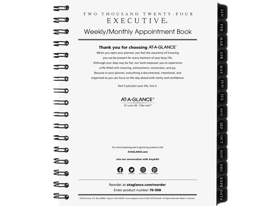 AT-A-GLANCE Executive 8.75" x 6.5" Weekly & Monthly Appointment Book Refill, White/Black