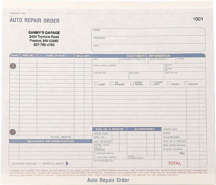 Auto Repair Order Form, 8-1/2" x 7", 3-Part, Qty 1000