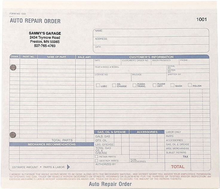Auto Repair Order Form, 8-1/2