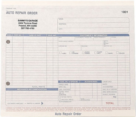 Auto Repair Order Form, 8-1/2" x 7", 3-Part, Qty 500