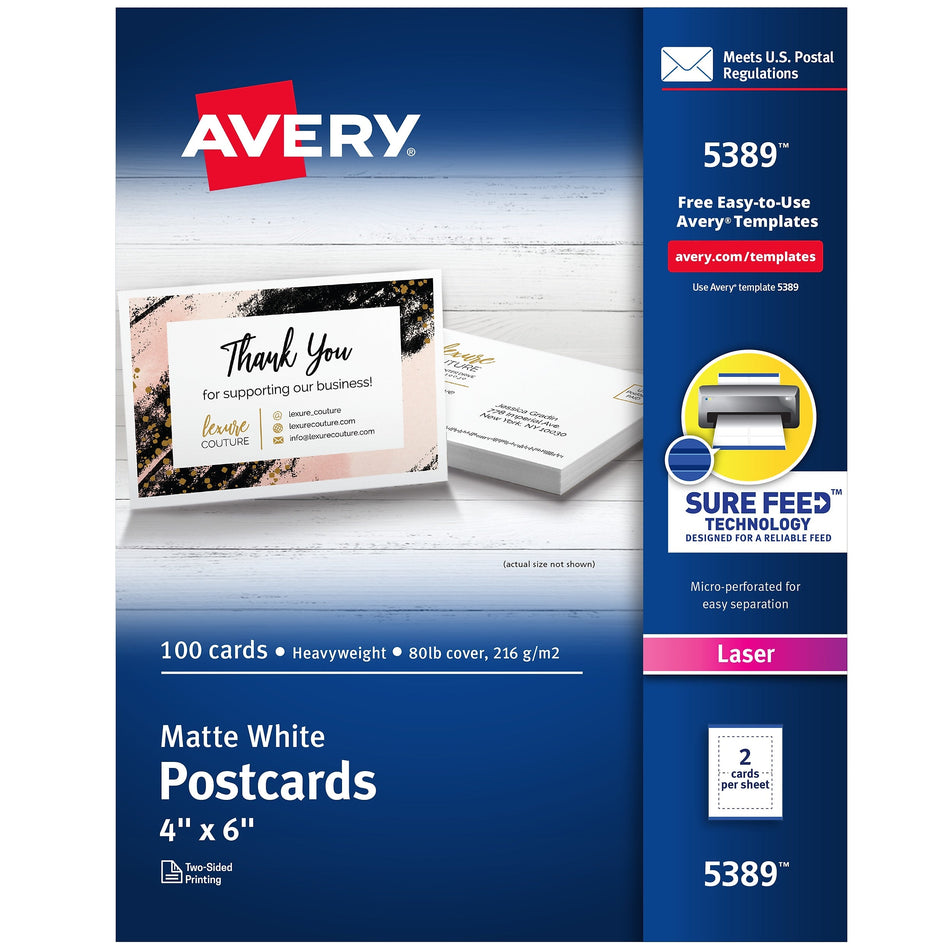 Avery® 4" x 6" Laser Postcards, Heavy Card Stock, White, 100/Box