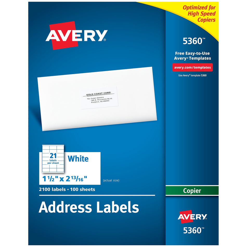 Avery Address Labels for Copiers, 1-1/2" x 2-13/16", White, 21 Labels/Sheet, 100 Sheets/Box