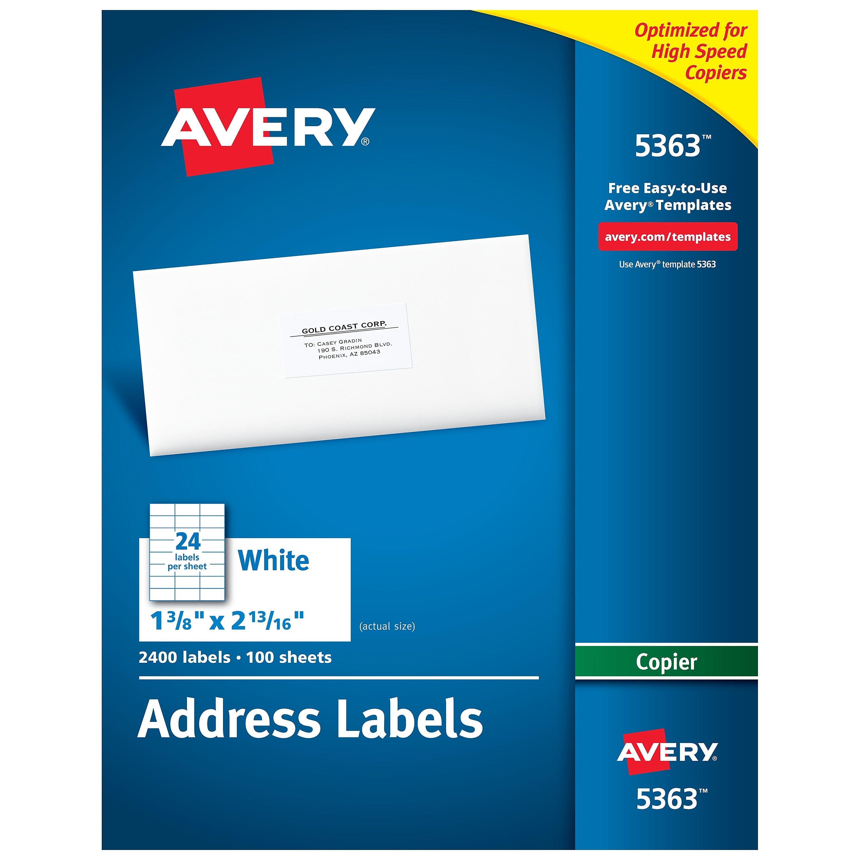 Avery Address Labels for Copiers 1-3/8" x 2-13/16", White, 24 Labels/Sheet, 100 Sheets/Box