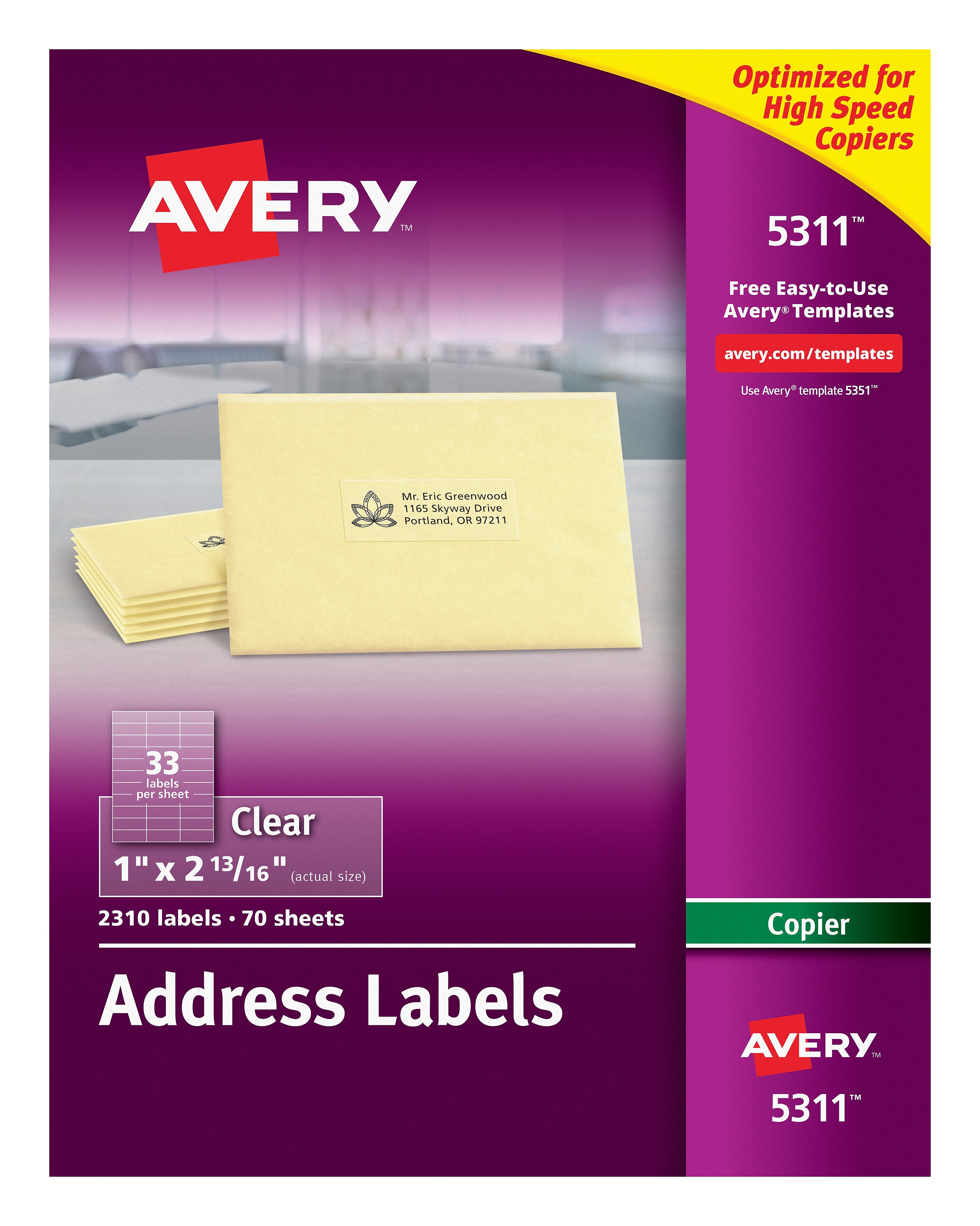 Avery Address Labels for Copiers, 1" x 2-13/16", Clear, 33 Labels/Sheet, 70 Sheets/Box