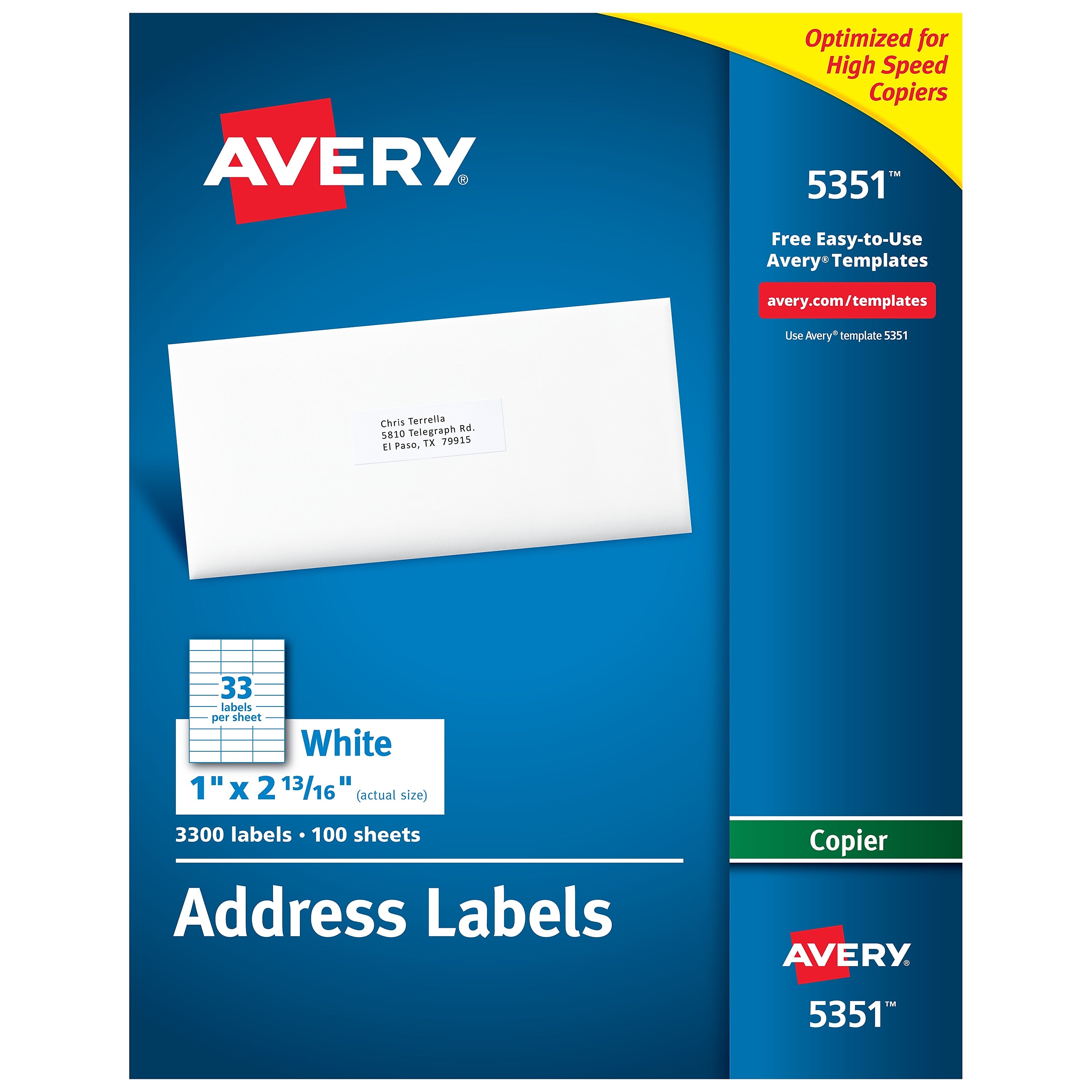 Avery Address Labels for Copiers, 1" x 2-13/16", White, 33 Labels/Sheet, 100 Sheets/Box