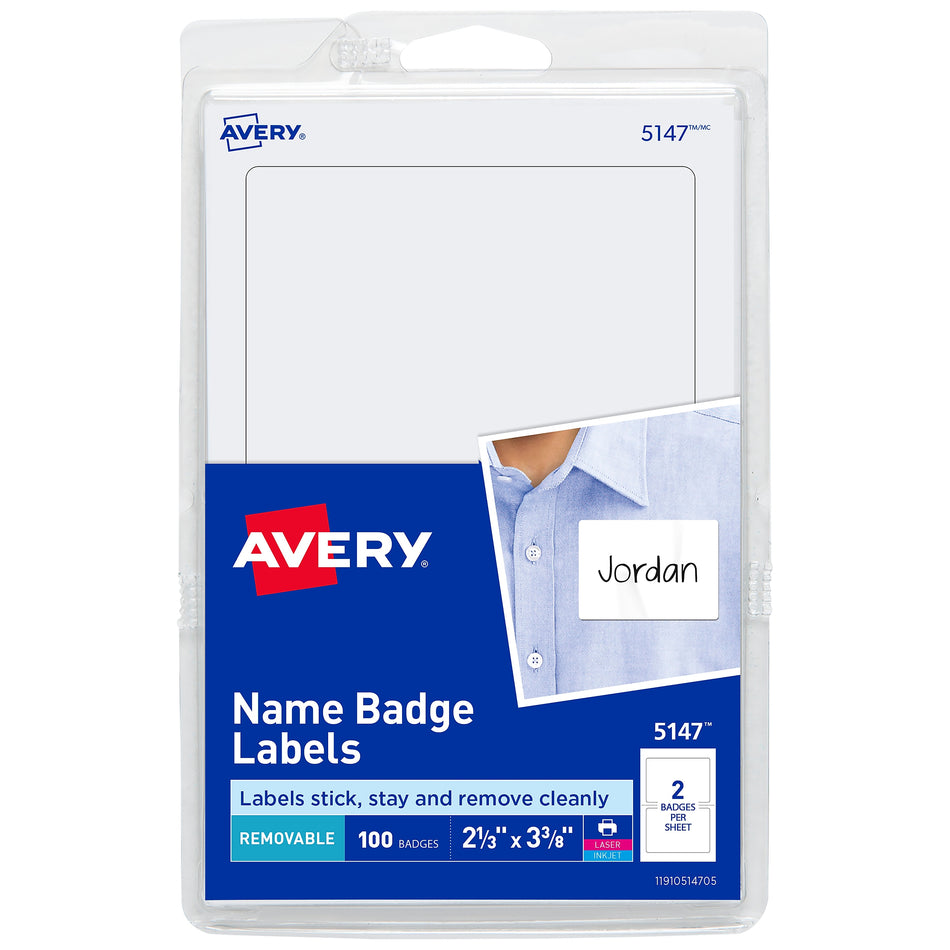 Avery Adhesive Laser/Inkjet Name Badge Labels, 2 1/3" x 3 3/8", White, 100 Labels Per Pack