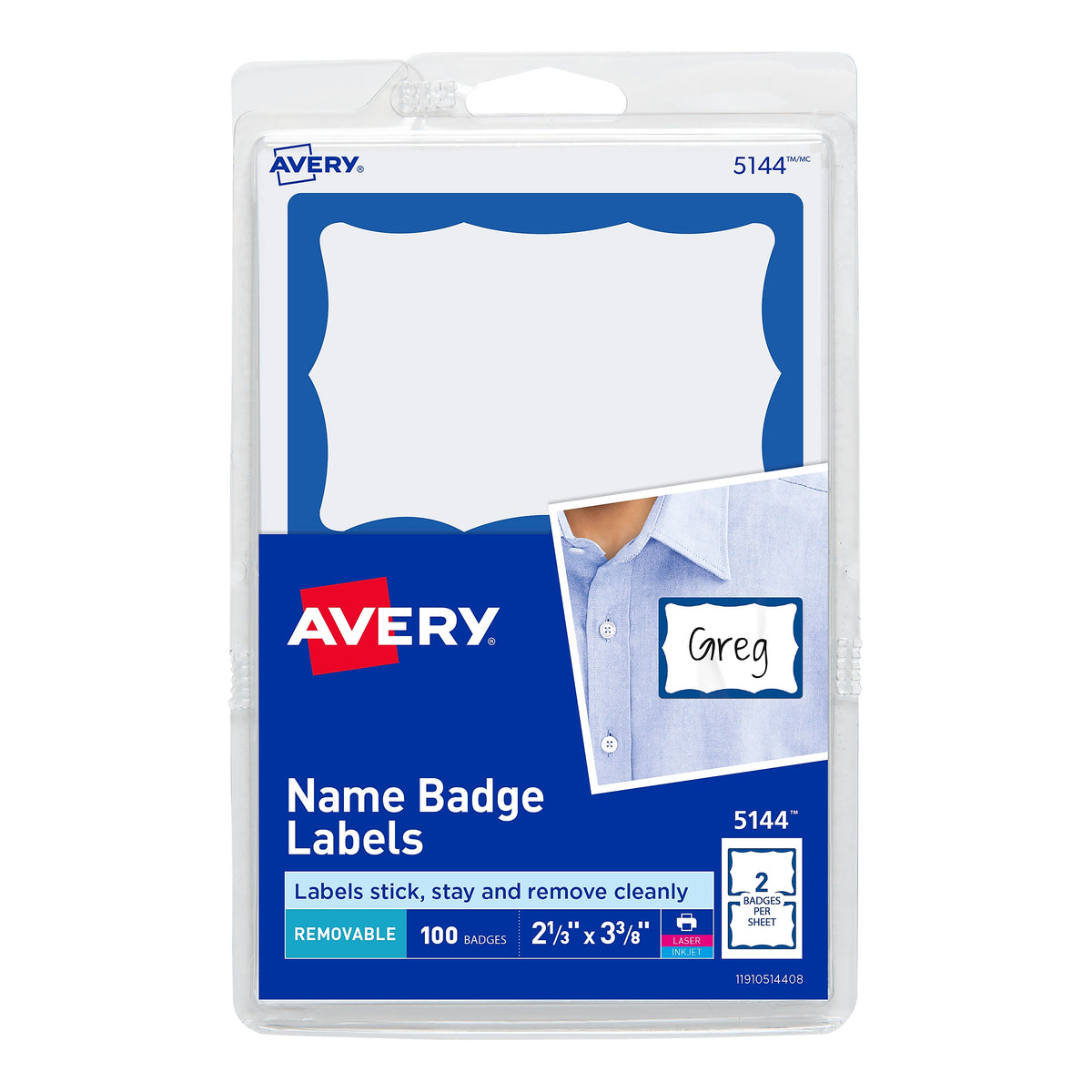 Avery Adhesive Laser/Inkjet Name Badge Labels, 2 1/3" x 3 3/8", White with Blue Border, 100 Labels Per Pack