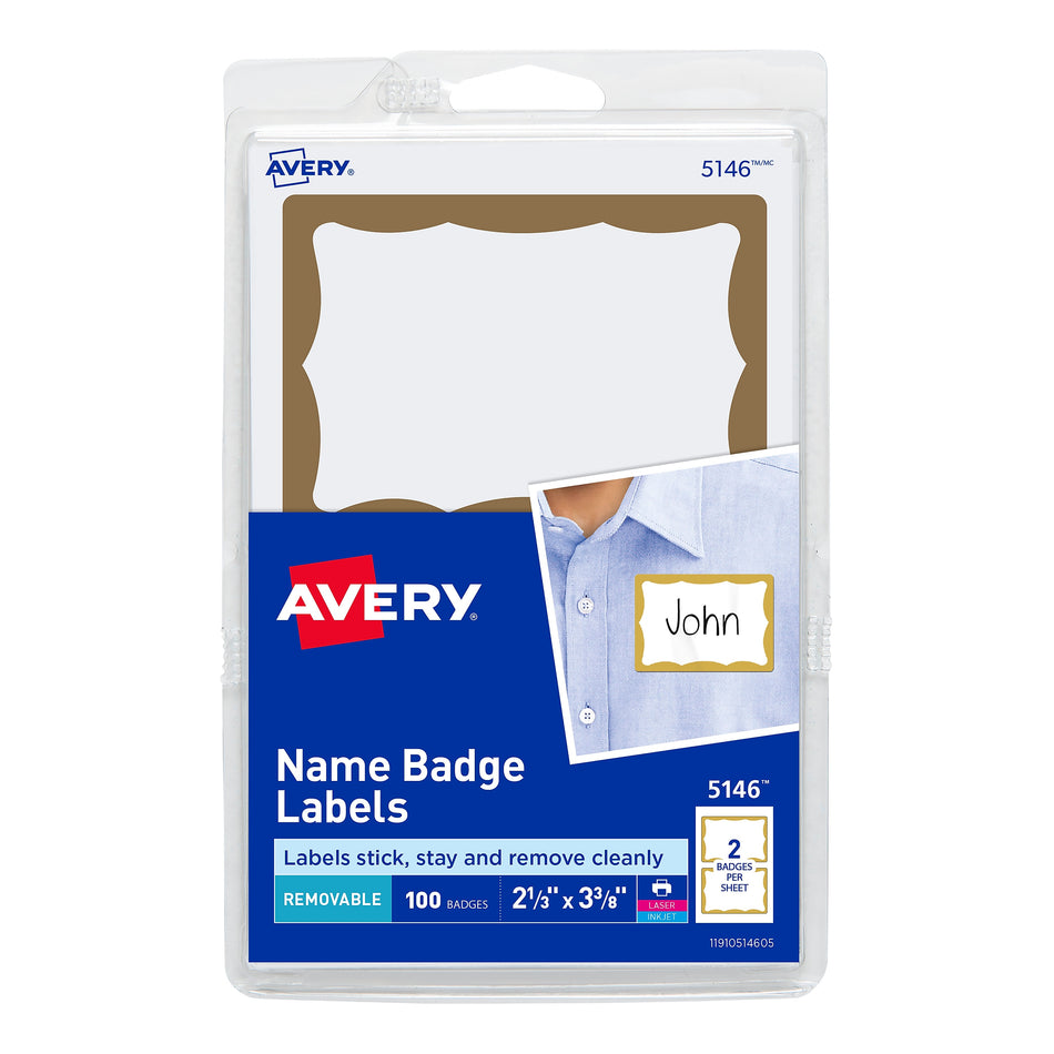 Avery Adhesive Laser/Inkjet Name Badge Labels, 2 1/3" x 3 3/8", White with Gold Border, 100 Labels Per Pack