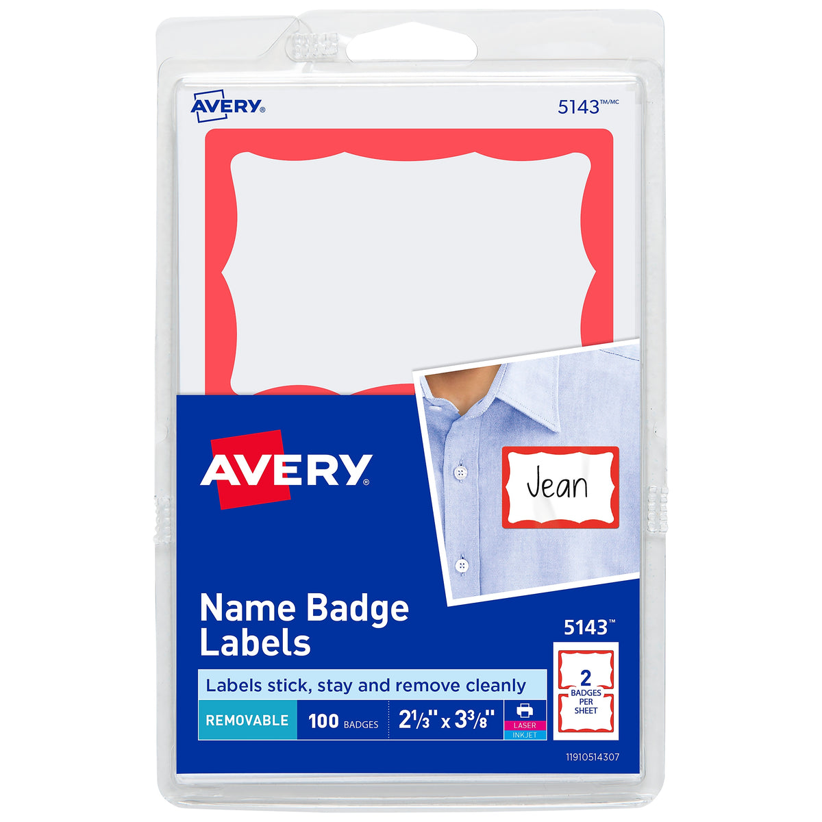 Avery Adhesive Laser/Inkjet Name Badge Labels, 2 1/3" x 3 3/8", White with Red Border, 100 Labels Per Pack