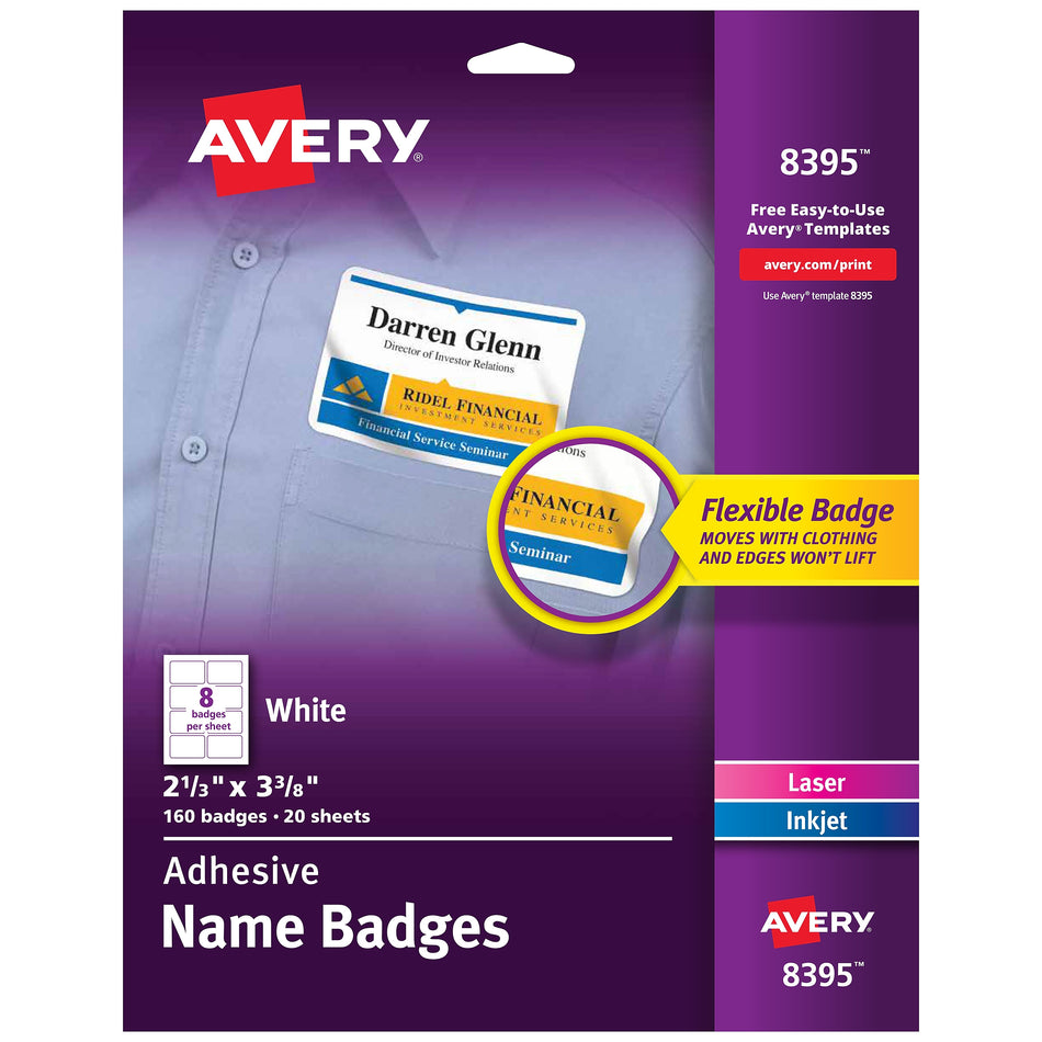 Avery Adhesive Laser/Inkjet Name Badges, 2 1/3" x 3 3/8", White, 160 Labels Per Pack