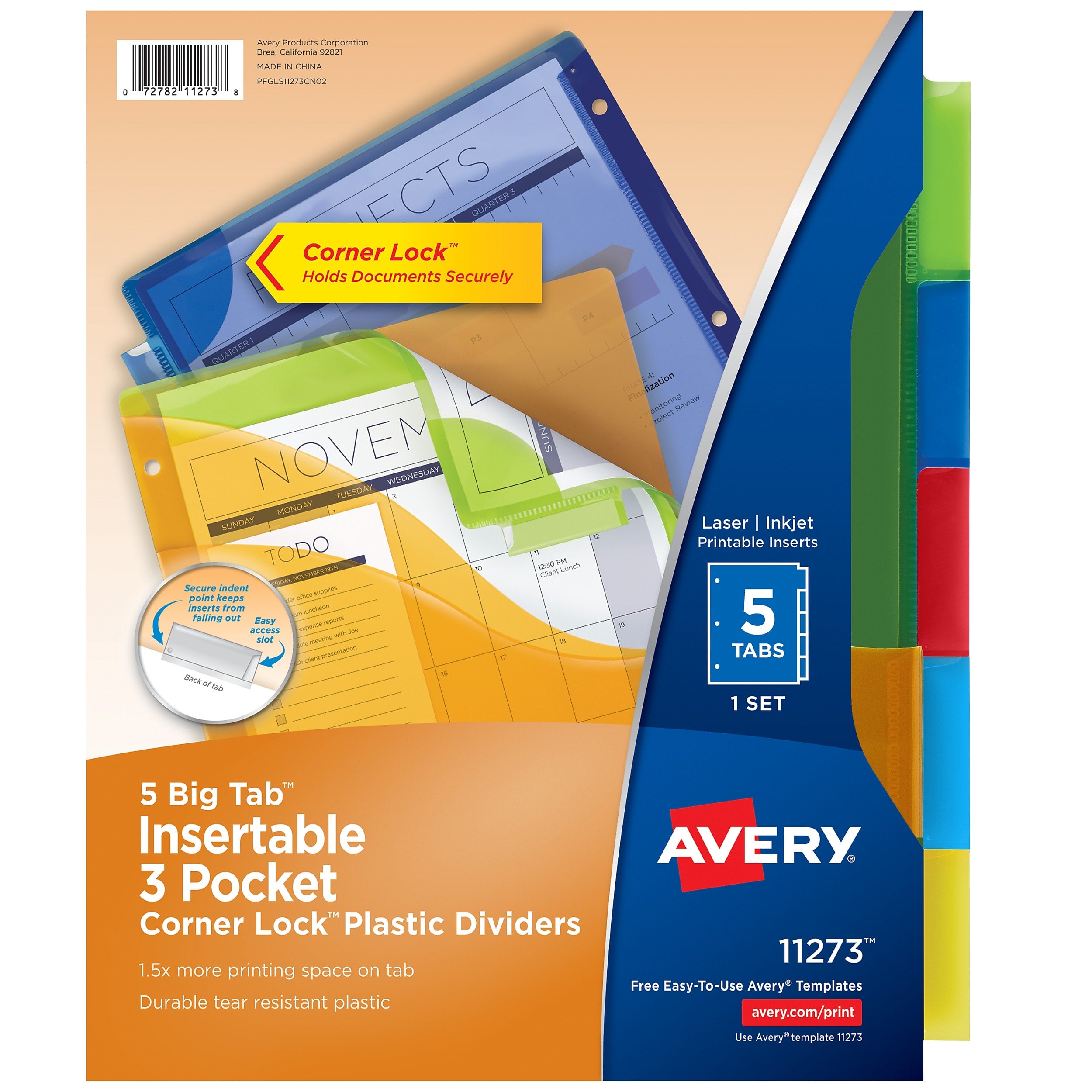 Avery Big Tab Corner Lock Insertable Plastic Dividers with 3 Pockets, 5 Tabs, Multicolor