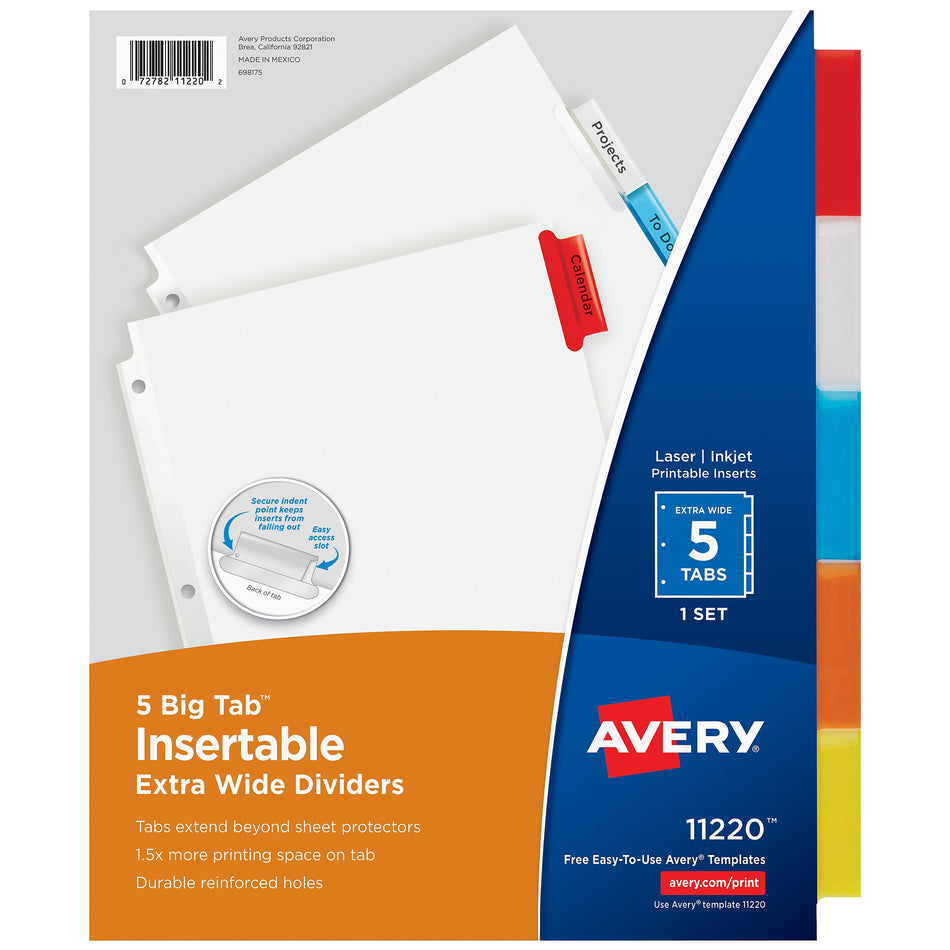 Avery Big Tab Extra-Wide Insertable Paper Dividers, 5 Tab, Multicolor, Clear Reinforced