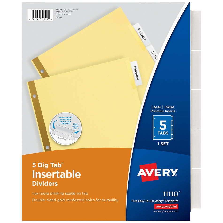 Avery Big Tab Insertable Paper Dividers, 5 Tabs, Buff with Clear Tabs, 24 Sets/Pack