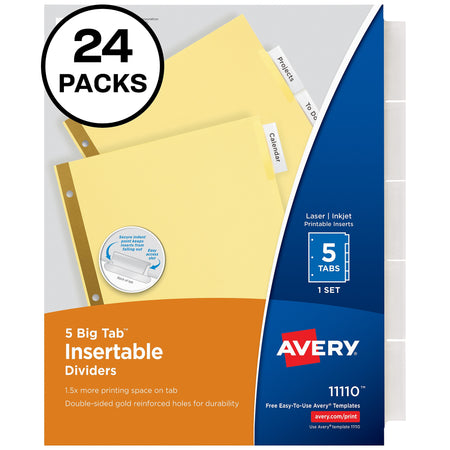 Avery Big Tab Insertable Paper Dividers, 5 Tabs, Buff with Clear Tabs, 24 Sets/Pack